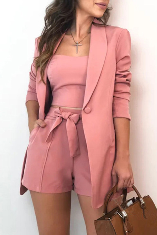 Casual Solid With Bow Turn-back Collar Three Pieces(7 Colors)